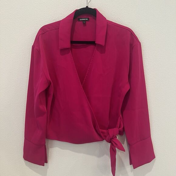 Express Tops - Express Pink Wrap Blouse with Tie Front and Long Sleeves Size Medium Pink